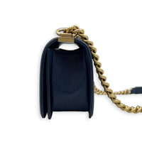 Boy Shoulder Bag Blue in Caviar Leather, Brushed Gold hardware
