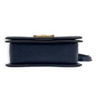 Boy Shoulder Bag Blue in Caviar Leather, Brushed Gold hardware