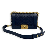Boy Shoulder Bag Blue in Caviar Leather, Brushed Gold hardware