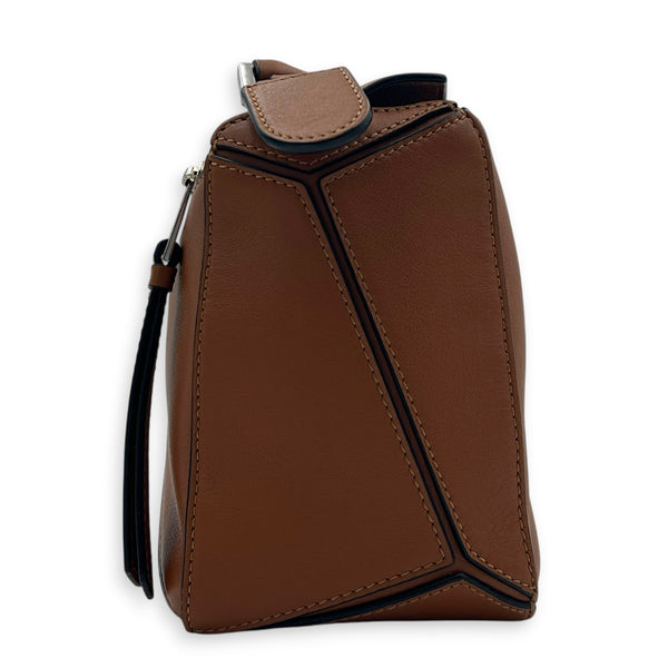 Puzzle Top Handle Bag Small Tan in Calfskin, Palladium hardware