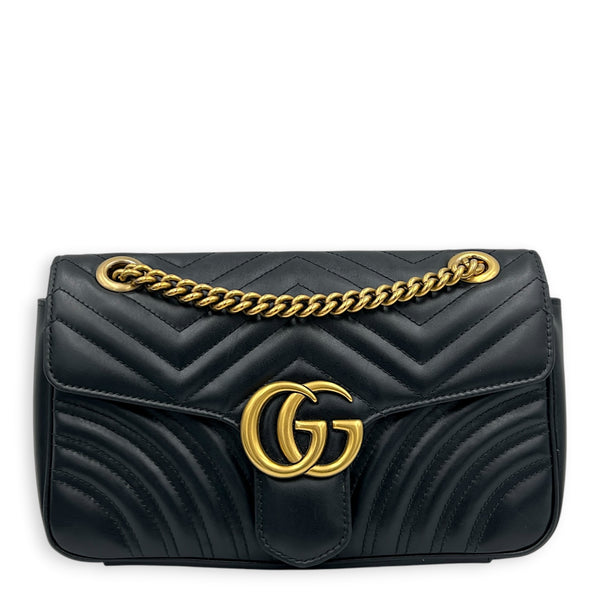 GG Marmont Small Black Shoulder Bag in Calfskin, Gold hardware