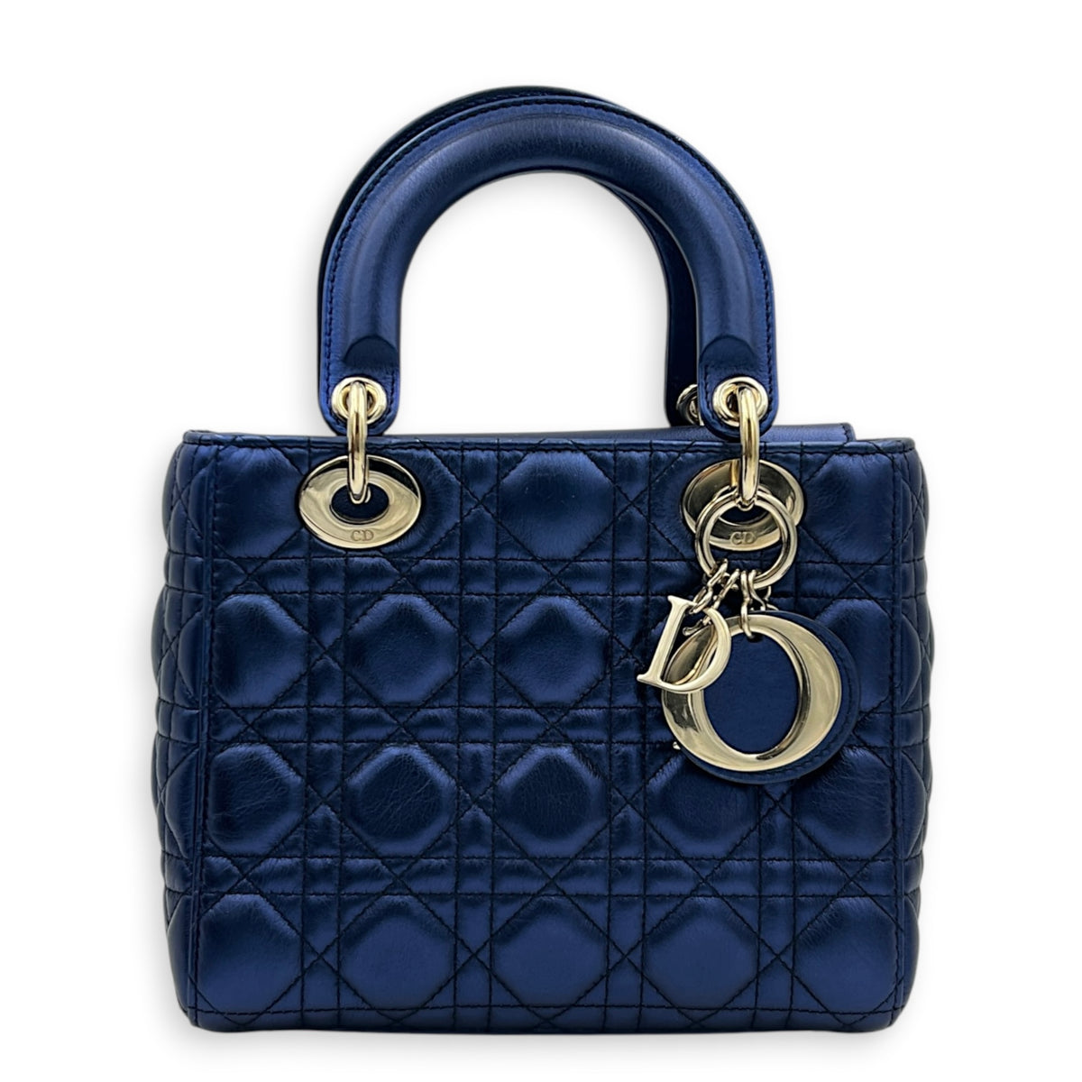 Lady Dior Top Handle Bag Small Metallic Blue in Lambskin, Light Gold hardware