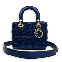 Lady Dior Top Handle Bag Small Metallic Blue in Lambskin, Light Gold hardware