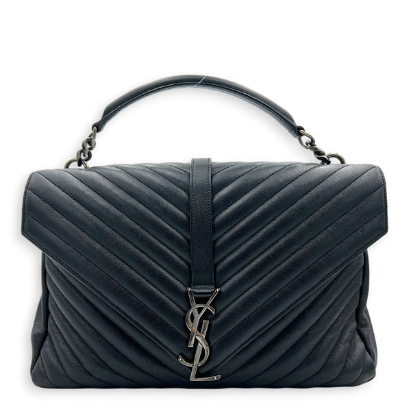 College Shoulder Bag Black in Calfskin, Silver hardware