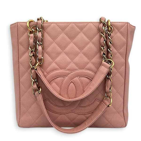 PST Tote Bag Pink in Caviar Leather, Gold hardware