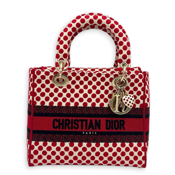 Lady D-Lite Top Handle Bag Red in Fabric, Light Gold hardware