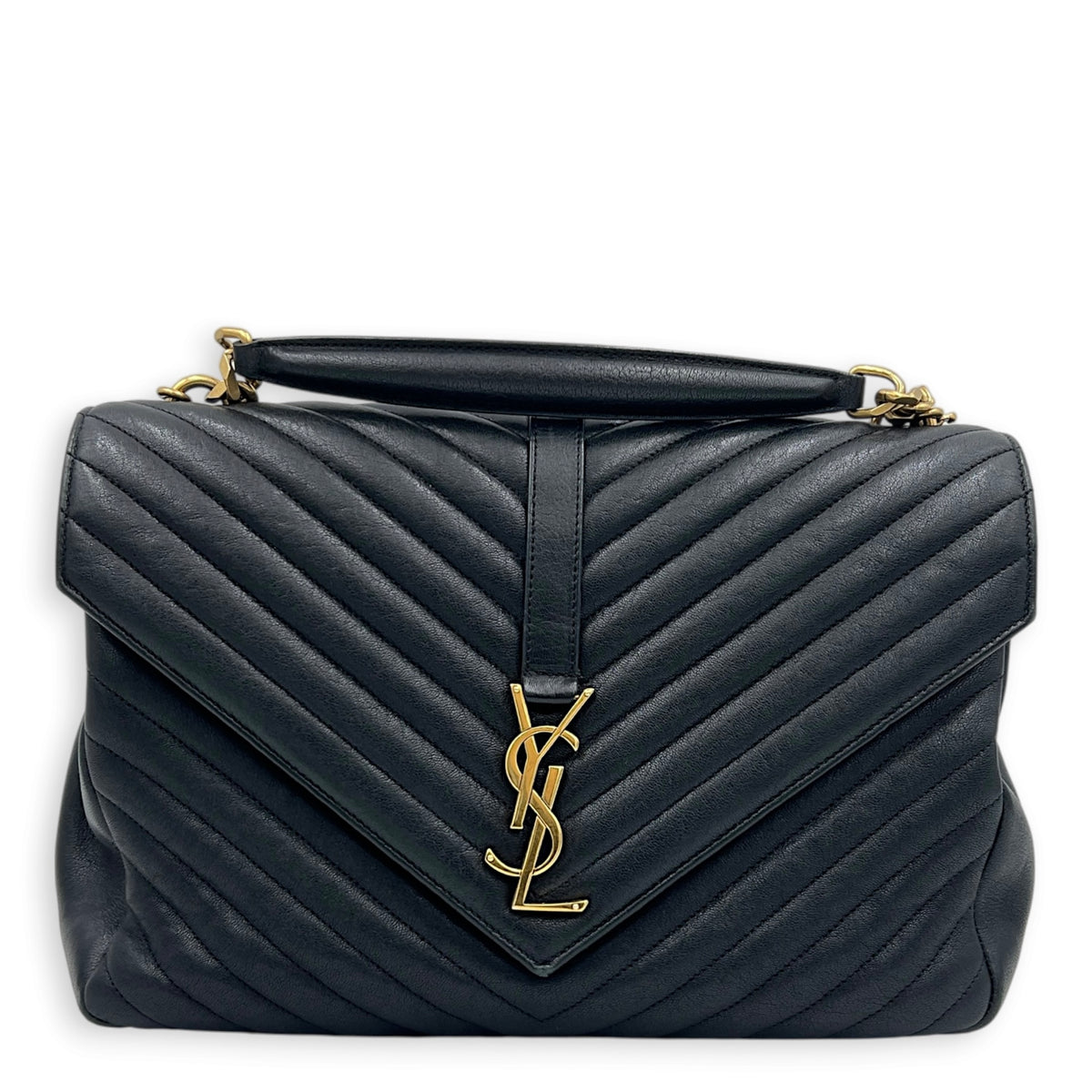 College Shoulder Bag Large Black in Goat Leather, Gold hardware