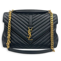 College Shoulder Bag Large Black in Goat Leather, Gold hardware