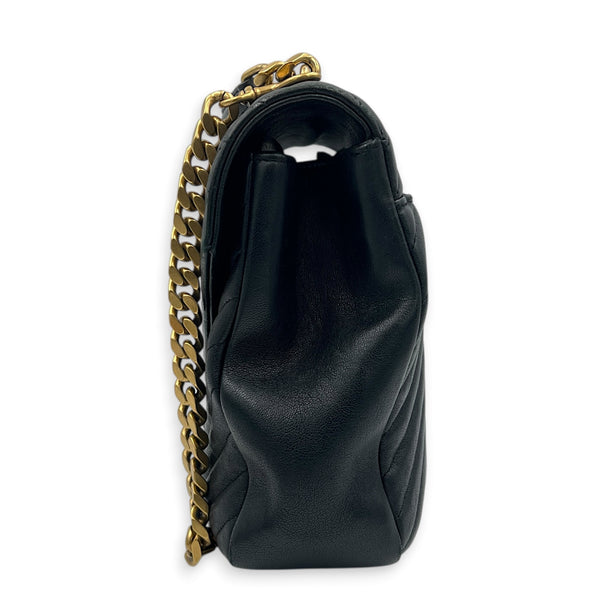 College Shoulder Bag Large Black in Goat Leather, Gold hardware