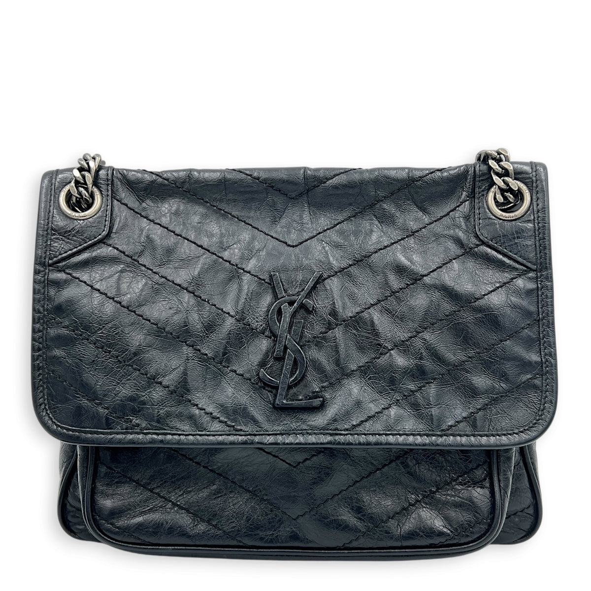 Niki Shoulder Bag Black in Distressed Leather, Ruthenium hardware