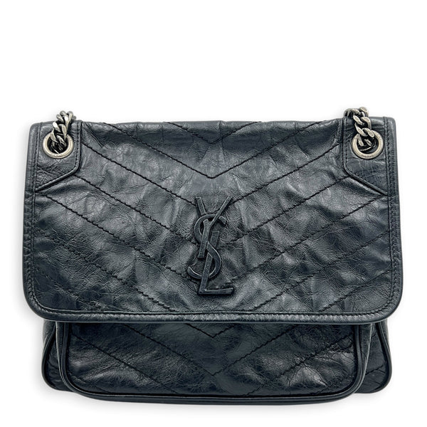 Niki Shoulder Bag Black in Distressed Leather, Ruthenium hardware