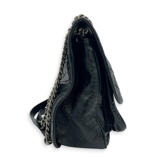 Niki Shoulder Bag Black in Distressed Leather, Ruthenium hardware