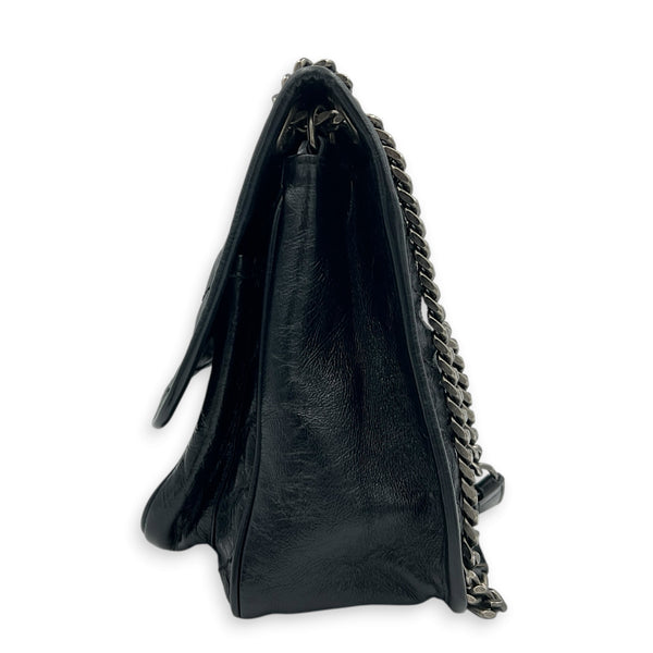 Niki Shoulder Bag Black in Distressed Leather, Ruthenium hardware