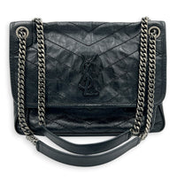 Niki Shoulder Bag Black in Distressed Leather, Ruthenium hardware