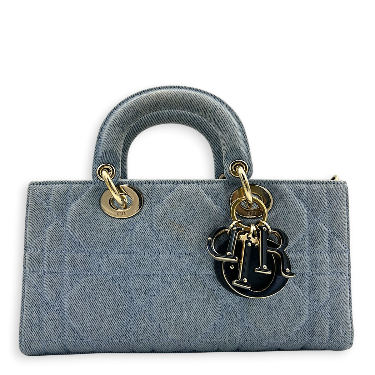 Lady D-Joy Top Handle Bag Blue in Denim, Light Gold hardware