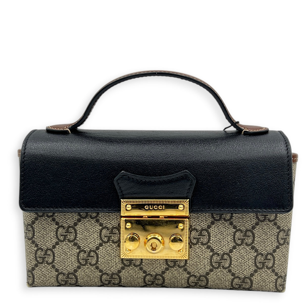 Padlock Top Handle Bag Beige in Coated Canvas, Gold hardware