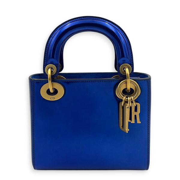 Lady Dior Mini Blue Top Handle Bag in Patent Leather, Brushed Gold hardware