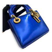 Lady Dior Mini Blue Top Handle Bag in Patent Leather, Brushed Gold hardware