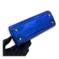 Lady Dior Mini Blue Top Handle Bag in Patent Leather, Brushed Gold hardware