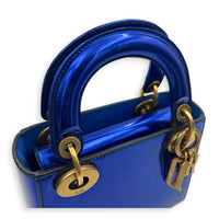 Lady Dior Mini Blue Top Handle Bag in Patent Leather, Brushed Gold hardware