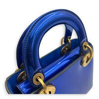 Lady Dior Mini Blue Top Handle Bag in Patent Leather, Brushed Gold hardware