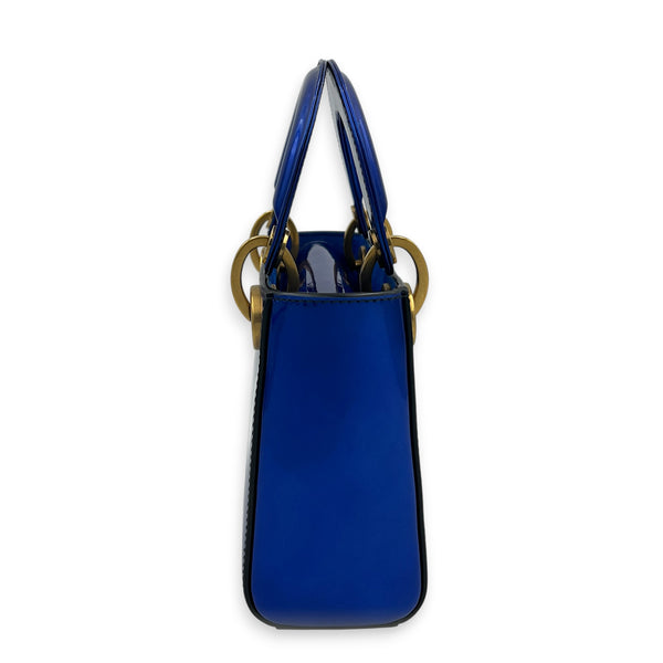 Lady Dior Mini Blue Top Handle Bag in Patent Leather, Brushed Gold hardware