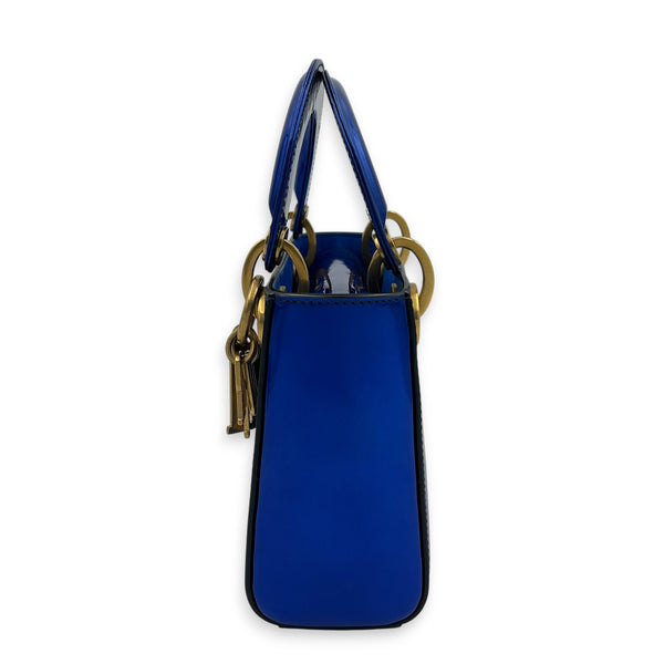 Lady Dior Mini Blue Top Handle Bag in Patent Leather, Brushed Gold hardware
