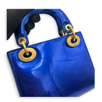 Lady Dior Mini Blue Top Handle Bag in Patent Leather, Brushed Gold hardware