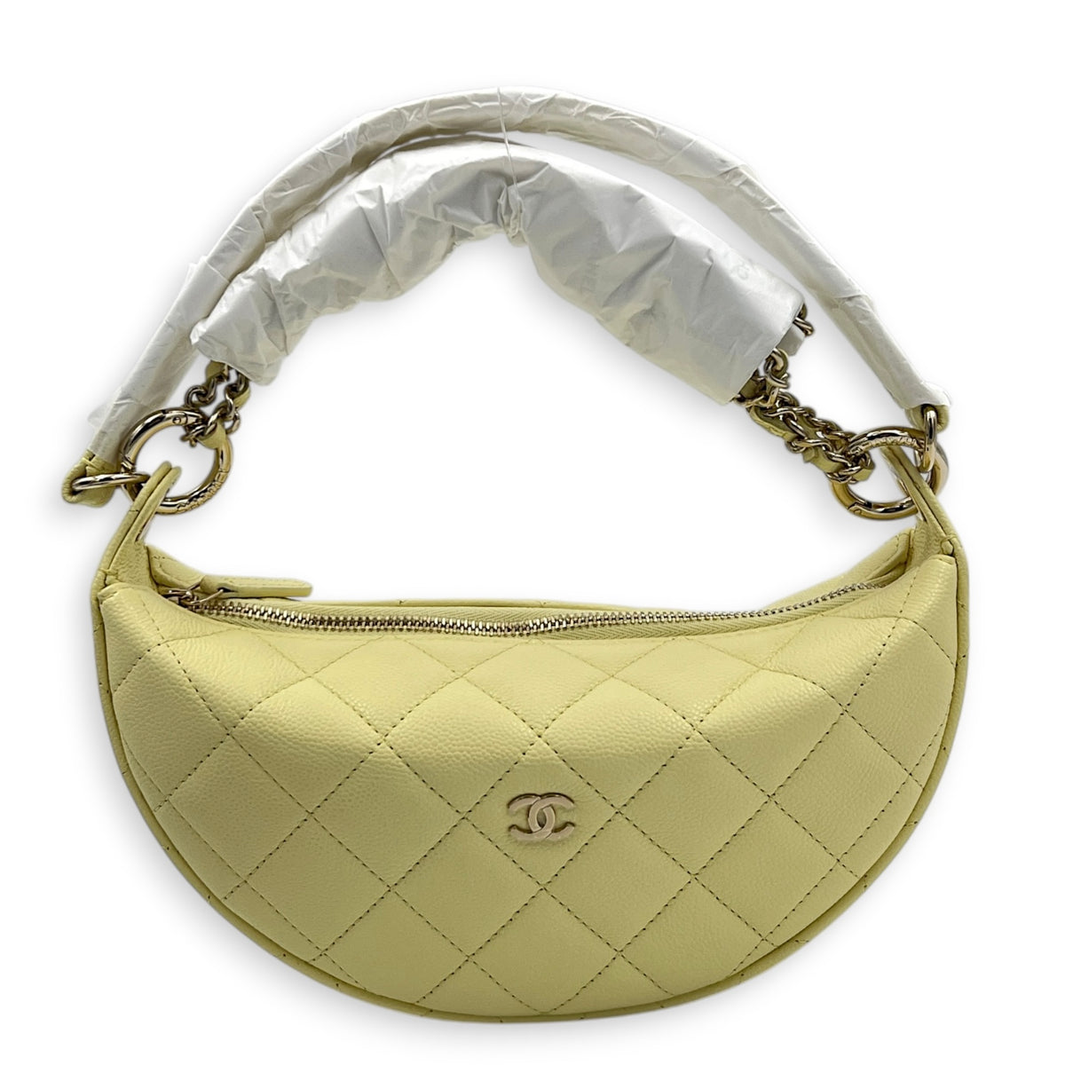 Quilted Clutch with Chain Light Yellow Top Handle Bag in Caviar Leather, Light Gold hardware