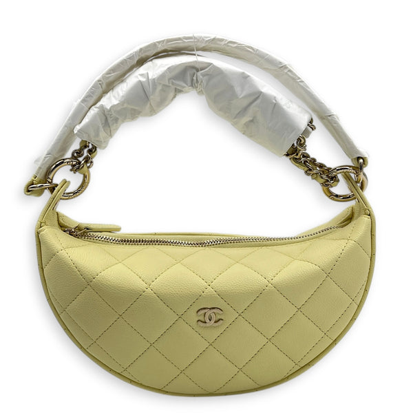 Quilted Clutch with Chain Light Yellow Top Handle Bag in Caviar Leather, Light Gold hardware