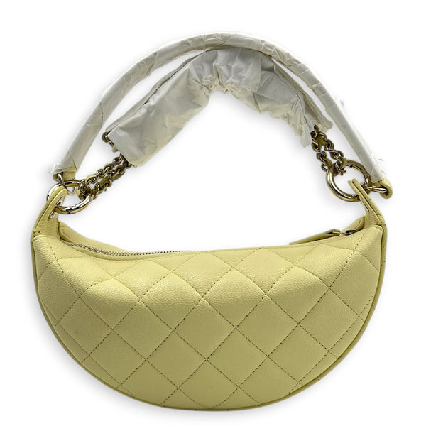 Quilted Clutch with Chain Light Yellow Top Handle Bag in Caviar Leather, Light Gold hardware