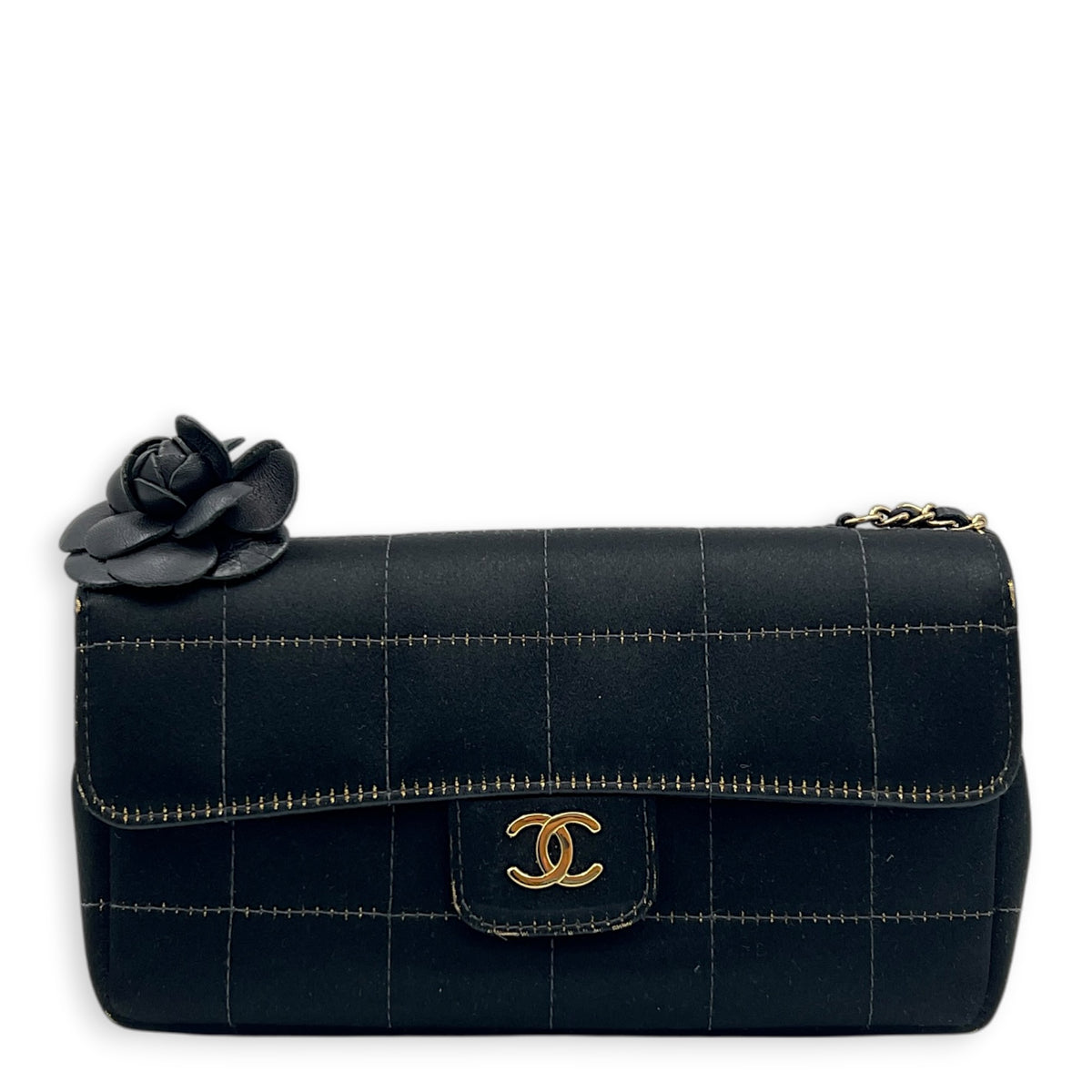 Chocolate Bar Camellia Black Shoulder Bag in Satin, Gold hardware