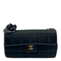 Chocolate Bar Camellia Black Shoulder Bag in Satin, Gold hardware