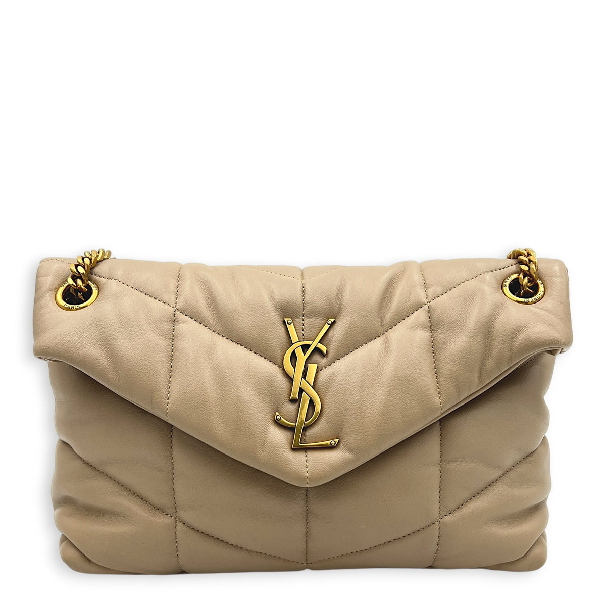 Loulou Puffer Beige Shoulder Bag in Lambskin, Brushed Gold hardware