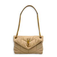 Loulou Puffer Beige Shoulder Bag in Lambskin, Brushed Gold hardware