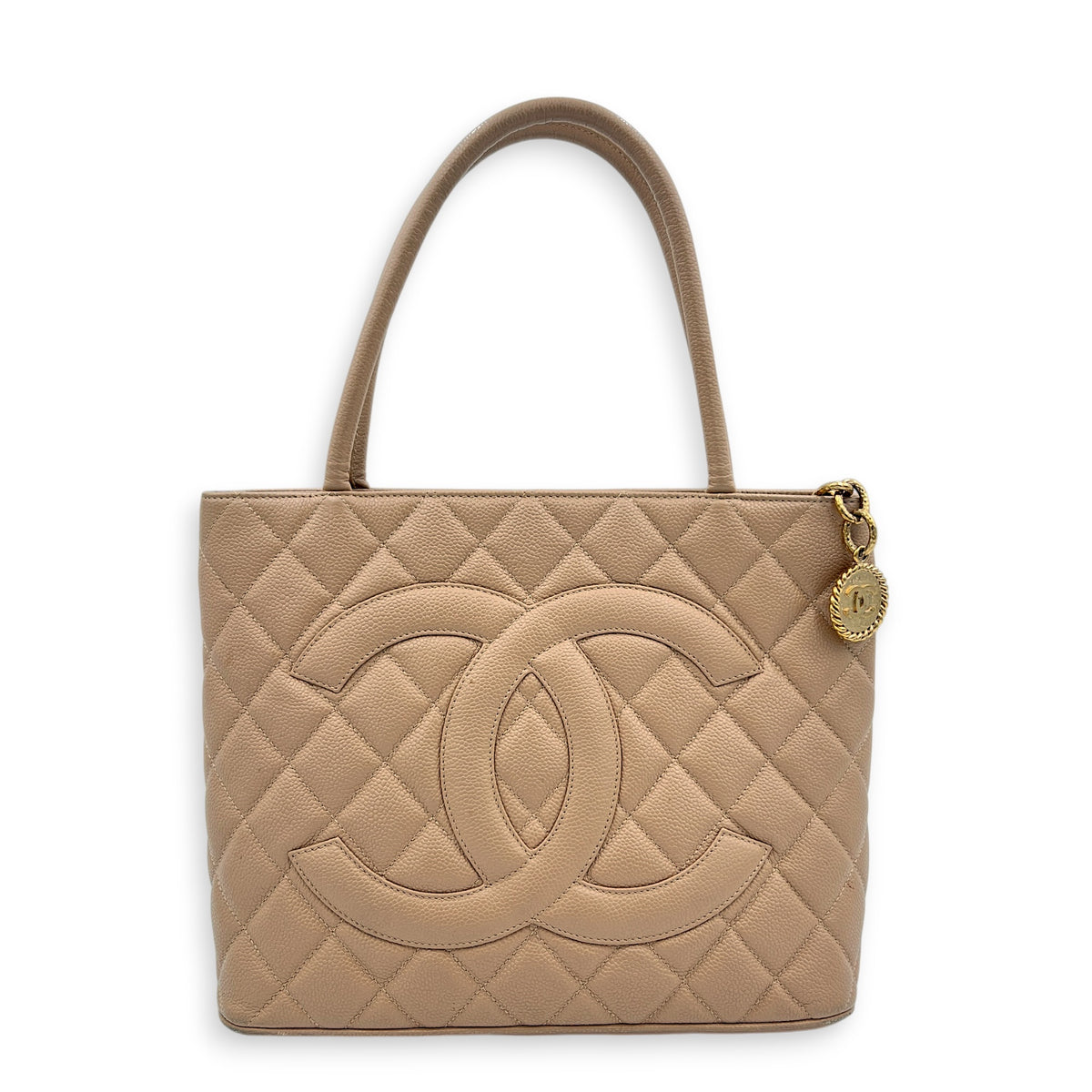 Medallion CC Tote Bag Beige in Caviar Leather, Gold hardware