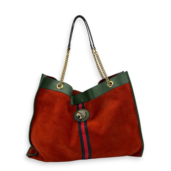 Rajah Tote Bag Orange in Suede Leather, Gold hardware