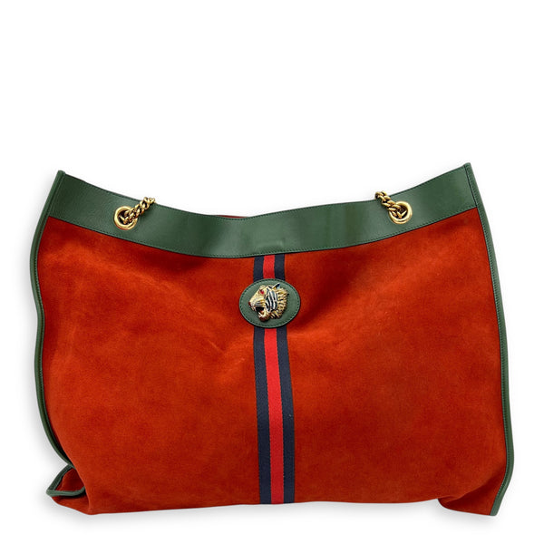 Rajah Tote Bag Orange in Suede Leather, Gold hardware