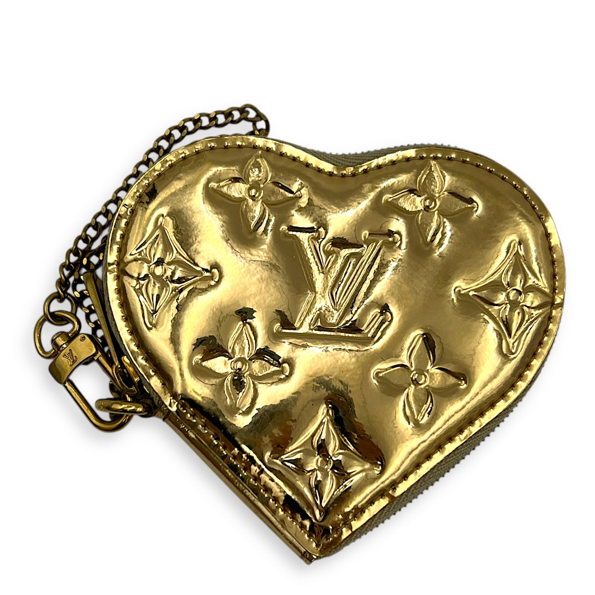 Miroir Heart Coin Pouch Charm Gold in Patent Leather, Gold hardware