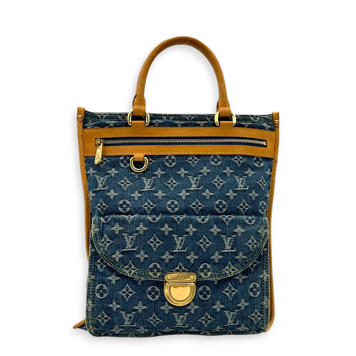 Sac Plat Shopper Top Handle Bag Blue in Denim, Gold hardware