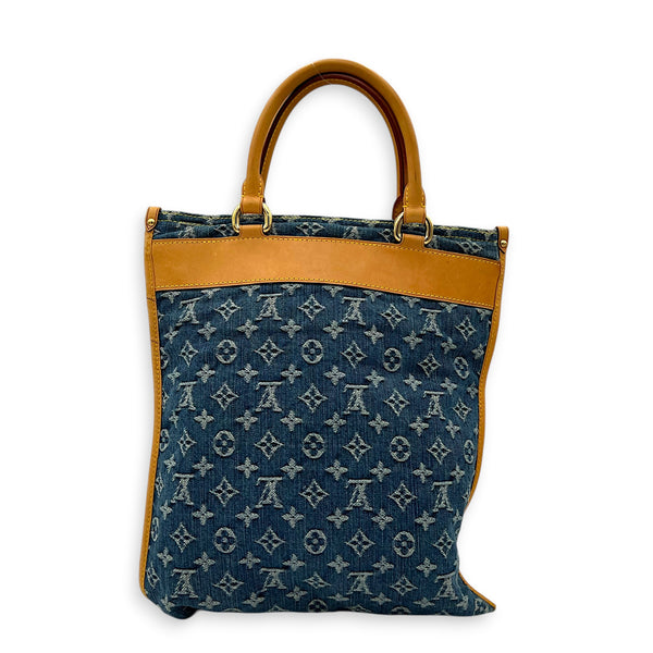Sac Plat Shopper Top Handle Bag Blue in Denim, Gold hardware