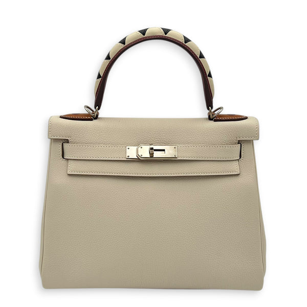 Kelly Gallop 28 Craie/Black/Fauve/Rouge H Top Handle Bag in Togo, Palladium hardware