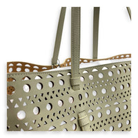 Mina Laser Cut 44 White Top Handle Bag in Calfskin, Silver hardware