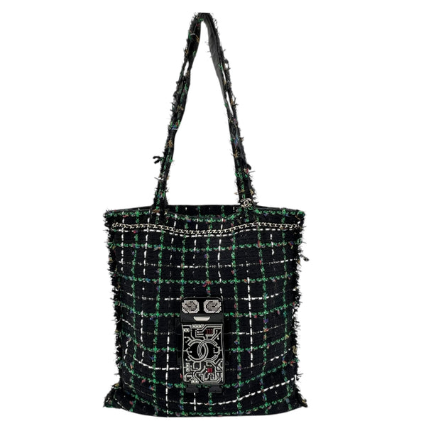 Robot Shopper Bag Black Top Handle Bag in Tweed, Silver hardware