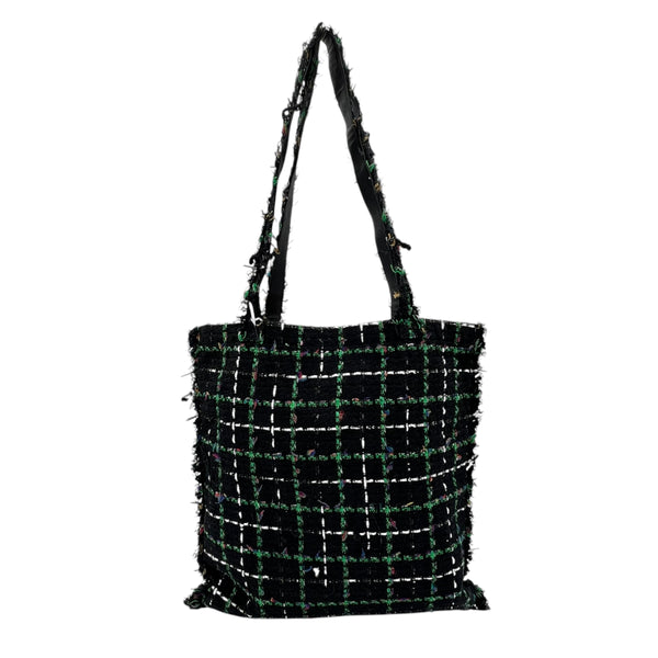 Robot Shopper Bag Black Top Handle Bag in Tweed, Silver hardware