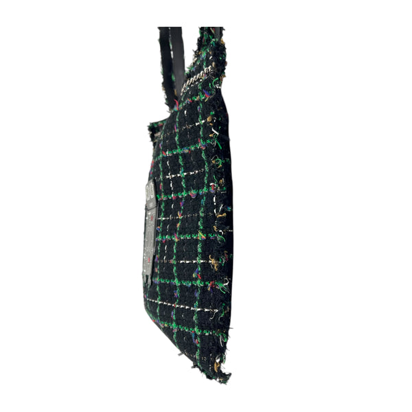 Robot Shopper Bag Black Top Handle Bag in Tweed, Silver hardware