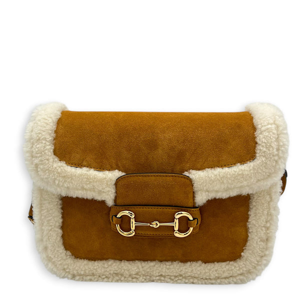 Horsebit 1955 Shoulder Bag Brown in Suede Leather, Gold hardware