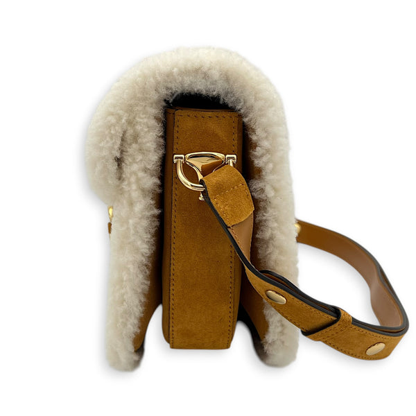 Horsebit 1955 Shoulder Bag Brown in Suede Leather, Gold hardware