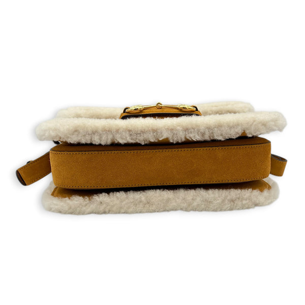 Horsebit 1955 Shoulder Bag Brown in Suede Leather, Gold hardware