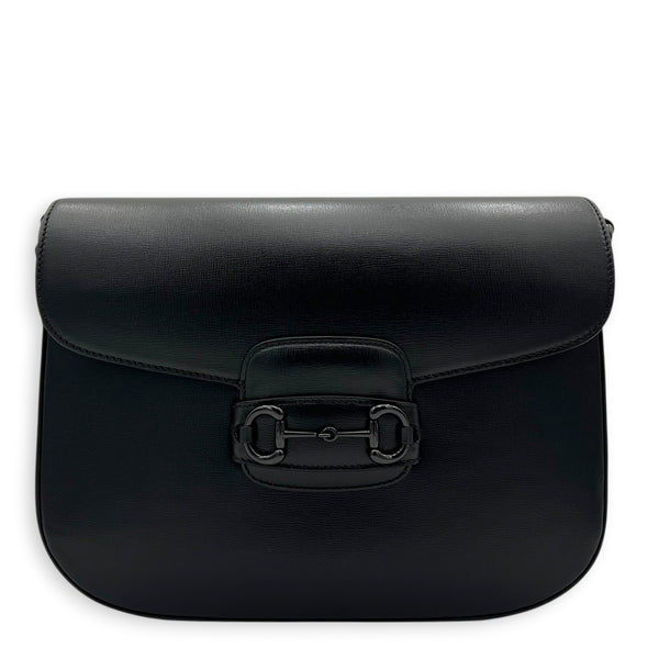 Horsebit 1955 Large Black Shoulder Bag in Calfskin, Black hardware